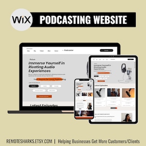 Puede incluir: Una maqueta de un sitio web para un servicio de podcasting. El sitio web está diseñado con un estilo moderno, con fondo blanco y texto negro. El sitio web presenta una imagen grande de un micrófono y el texto "Sumérjase en experiencias de audio cautivadoras". El sitio web también presenta una sección para "Episodios recientes".