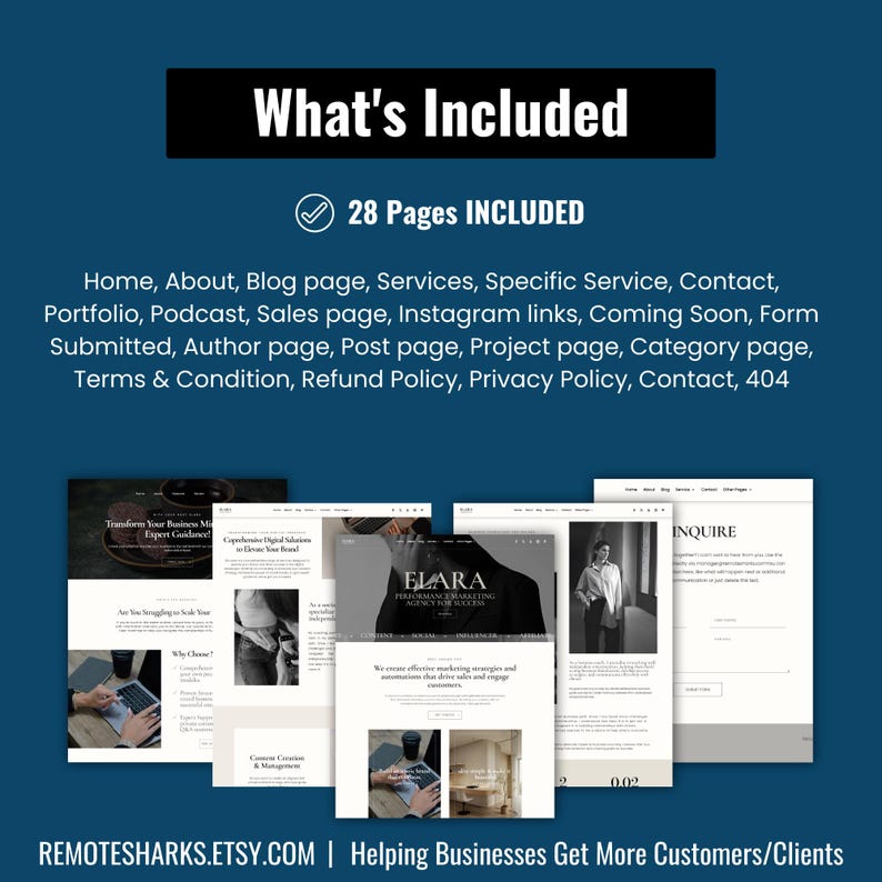Pages included in Elara Divi website template for service businesses