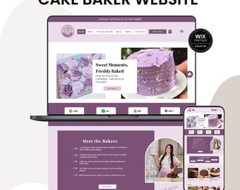 May include: A laptop and smartphone displaying a purple-themed cake baker website. The screen shows images of purple frosted cupcakes and a butterfly-decorated cake, with text including Sweet Moments, Freshly Baked, and Meet the Bakers.
