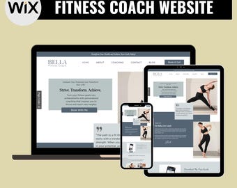 May include: A website mockup for a fitness coach named Bella. The website features a gray and white color scheme with a call to action to book a consultation. The text on the website reads "Strive. Transform. Achieve." and "Turn your fitness goals into achievements with personalized coaching that inspires you to thrive and reach new heights."