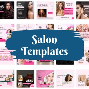 Könnte beinhalten: Eine Collage von Bildern, die Salondienstleistungen wie Hairstyling, Nagelpflege und Schönheitsbehandlungen zeigen. Die Bilder zeigen Models mit verschiedenen Frisuren, Maniküren und Make-up-Looks. Der Text "Salon Templates" ist prominent in Blau dargestellt.