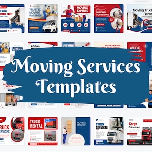 May include: A collection of social media templates for moving services. The templates feature a variety of designs with red, white, and blue colour schemes. The text on the templates includes phrases like "Moving Experts", "Trusted Moving Partner", and "Moving Services".