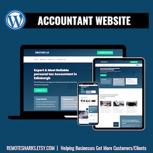 May include: A digital mockup of a website design for an accountant, displayed on a laptop, tablet, and smartphone. The website features a blue and white color scheme with the text "ACCOUNTANT WEBSITE" at the top. The website's content includes the text "Expert & Most Reliable personal tax Accountant in Edinburgh."