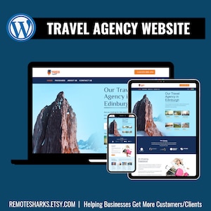 May include: A website mockup for a travel agency in Edinburgh, Scotland. The website features a mountain range background, a travel agency logo, and a call to action to contact the agency. The website is designed to be user-friendly and visually appealing.