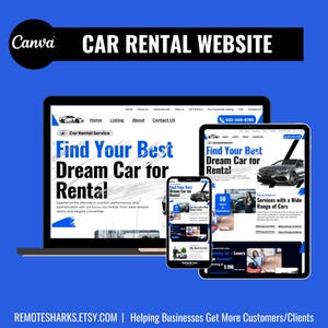 Può includere: Un mockup di sito web per un servizio di noleggio auto. Il sito web presenta uno schema di colori blu e bianco con una grande immagine di un'auto. Il testo sul sito web recita "Trova la tua auto da sogno migliore per il noleggio".