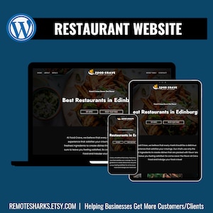 May include: A website mockup for a restaurant called "Food Crave" with the tagline "Savor the Flavor". The website is shown on a laptop, tablet, and smartphone, showcasing a responsive design. The website features a black background with white text and buttons. The website includes a menu, booking, and contact information.