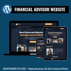 Può includere: Un mockup di sito web per un'azienda di consulenza finanziaria. Il sito web è grigio scuro con accenti gialli e presenta una foto di un gruppo di persone. Il testo sul sito web recita "Miglior pianificazione finanziaria e gestione a Edimburgo".