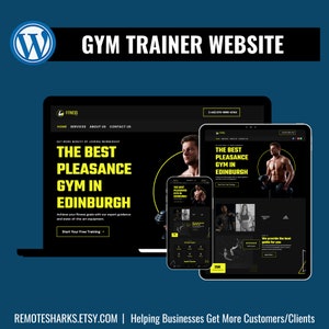 May include: A website mockup for a gym in Edinburgh, Scotland. The website is black with yellow accents and features a photo of a man lifting weights. The text on the website reads "The Best Pleasance Gym in Edinburgh".