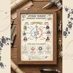 Puede incluir: Un póster enmarcado de la hoja de trucos del universo Star Wars. El póster presenta conceptos Jedi y Sith, conceptos clave e ilustraciones. El póster está en un marco de madera y está rodeado de figuras y accesorios de Star Wars.