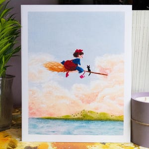 Kiki&#39;s bezorgservice Art Print, Studio Ghibli fanart, Studio Ghibli pastelkunst, landschapskunst, zeegezichtskunst, wanddecoratie, gezellig decor