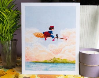 Kiki's Delivery Service Art Print, Studio Ghibli Fan Art, Studio Ghibli Pastel Art, Landscape Art, Seascape Art, Wall Decor, Cozy Decor