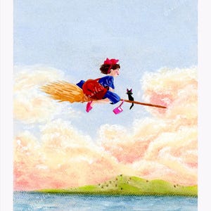 May include: Watercolor illustration of a young girl flying on a broom with a black cat. The girl wears a red bow, blue dress, and pink shoes. The broom is made of straw, and the background features a blue sky, clouds, and a body of water.