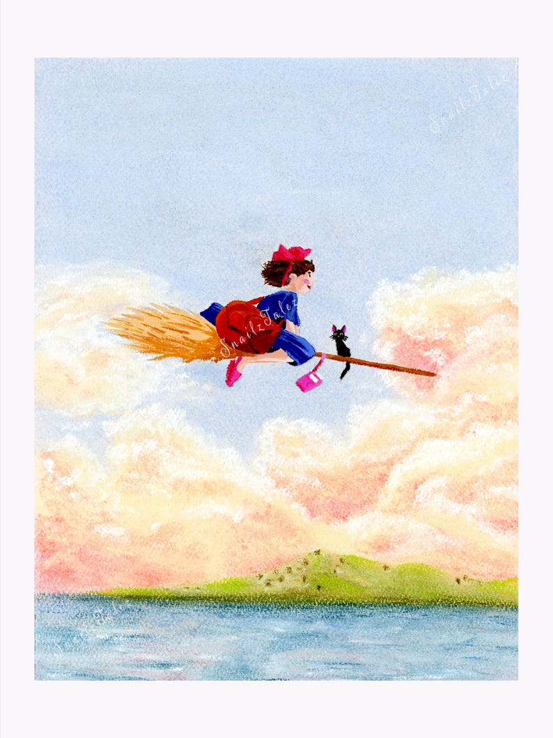 May include: Watercolor illustration of a young girl flying on a broom with a black cat. The girl wears a red bow, blue dress, and pink shoes. The broom is made of straw, and the background features a blue sky, clouds, and a body of water.