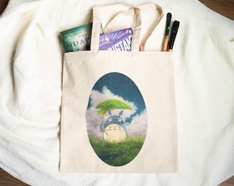 Whimsical Totoro Tote Bag, Studio Ghibli Art , Gift for Anime Lovers,  Book Tote Bag, Cozy Anime Tote, Bookworm Gift tote
