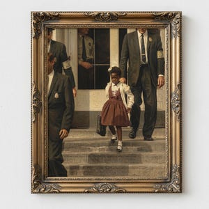 May include: Framed artwork depicting a young Black girl in a red dress and white jacket, escorted by adults in suits. The ornate gold frame surrounds the image, which shows the girl walking down steps.
