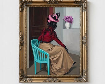 Turquoise Chair, Pink Hat: Black Woman Art, Afrocentric Decor