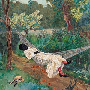 May include: An artistic depiction of a person resting in a hammock. The person is wearing a white and gold patterned dress, red socks, and black shoes. A straw hat with a black and white scarf lies nearby. The scene is set in a lush, green forest.