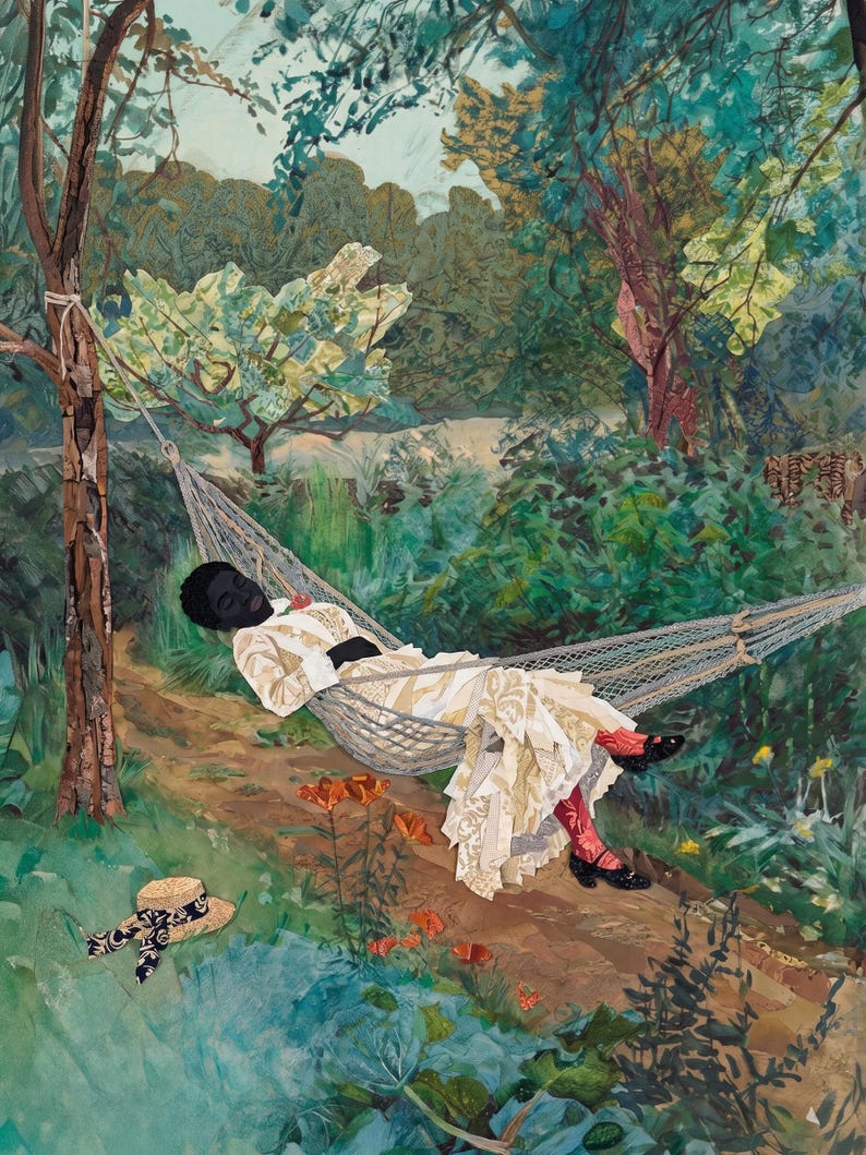 May include: An artistic depiction of a person resting in a hammock. The person is wearing a white and gold patterned dress, red socks, and black shoes. A straw hat with a black and white scarf lies nearby. The scene is set in a lush, green forest.