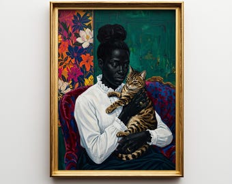 A Girl And Her Cat: Kerry James Marshall Style Print