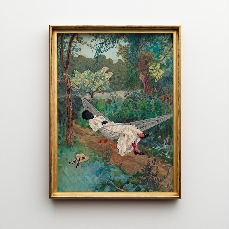 May include: A framed painting depicts a person resting in a hammock. The person is wearing a white dress and black shoes. The painting has a gold frame and is set in a lush garden with trees and flowers.
