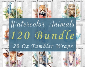 120 Watercolor Animals Tumbler Wrap Set , Cute Floral Animals 20 oz Skinny Sublimation Bundle , Baby Cat Fox Tumbler , Deer Sloth Dog PNG