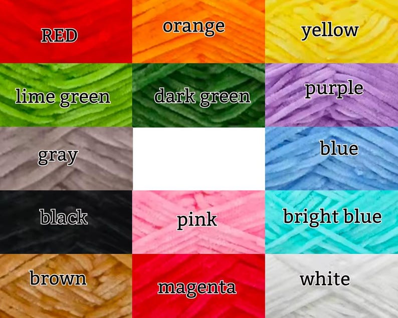 May include: A color chart of yarn samples in various colors, including red, orange, yellow, lime green, dark green, purple, blue, gray, black, pink, bright blue, brown, white, and magenta.