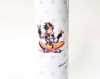 Overwatch Tracer Lena Oxton Juego de vasos de acero inoxidable Hot Cold de 20 oz, con tapa, pajita, base de goma y pajita para limpieza