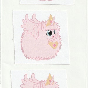 May include: Five pink and white fuzzy cartoon characters with wings and crowns. Each character has a heart on their chest and a single eye.