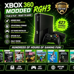 May include: A black Xbox 360 console with a matching wireless controller, featuring RGH3 modding, 2TB of internal storage, and 427 pre-installed games. The display includes text highlighting features like plug and play, offline play, and a list of game titles.