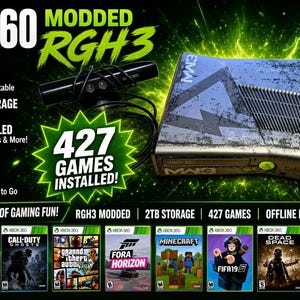 May include: An Xbox 360 console with a weathered metallic finish, a black wireless controller, and a Kinect sensor. The console features RGH3 modification, 2TB of internal storage, and 427 pre-installed games. Includes a power supply unit.