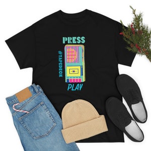 Press Play, Tapedeck, Retro, Vintage, Old School, mens t-shirt, womens t-shirt, gift for her, gift for him, 70&#39;s, 80&#39;s, kids, Cotton Tee