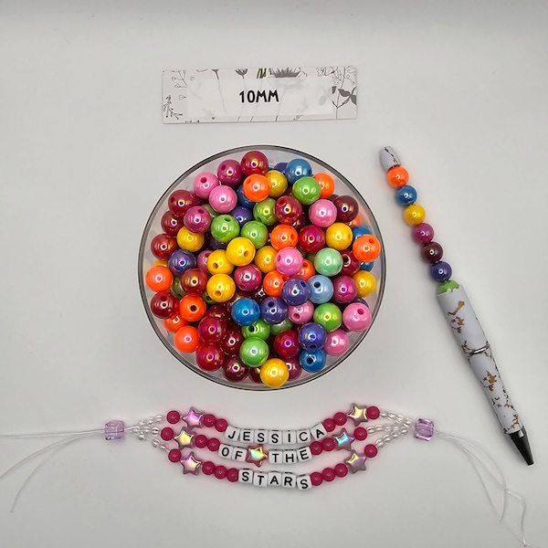 10mm 40/PK AB Skittles Bright color beads,  mixed bag 8 Colors total,  fits on pen.