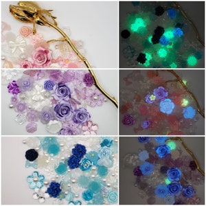 Resin Flower flatback Charms Mix, pink purple blue Cabochons Roses some Glow in the Dark great variety Mix pearls & Bows etc!