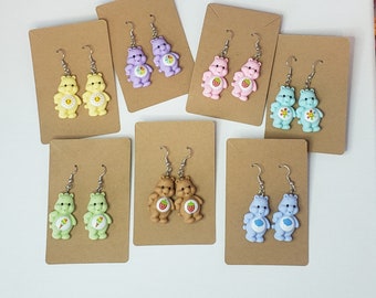 unique carebear earrings gift, made with flatback resin charms, dangle Kawaii earrings, pastel cute color earrings
