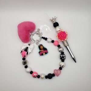 Selena Premium Handmade Keychain and Pen Set Silver, Rhinestone, Hand Painted Beads excellent for use as phone charm or purse embellishment!