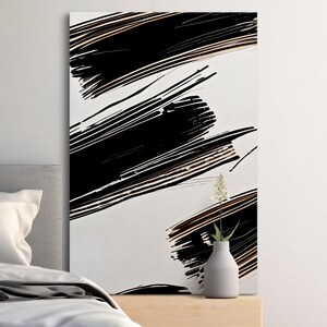 May include: Abstract art print with black and white brushstrokes on a white background.