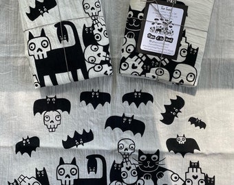 Skulls Bats Cats Tea Towel / Cute & Spooky Towel / Screen Printed Kitchen Towel / Halloween
