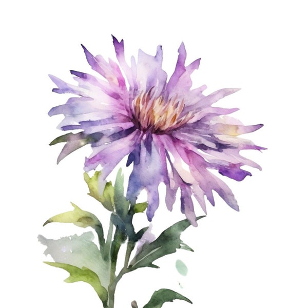 Purple Aster September Birth month Flower Watercolor Digital Art Print Digital Download Mother's day Baby gift special occasion gallery wall