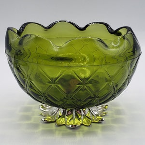 Vintage Indiana Glass Green Ruffled Rose Bowl with Metal Foot