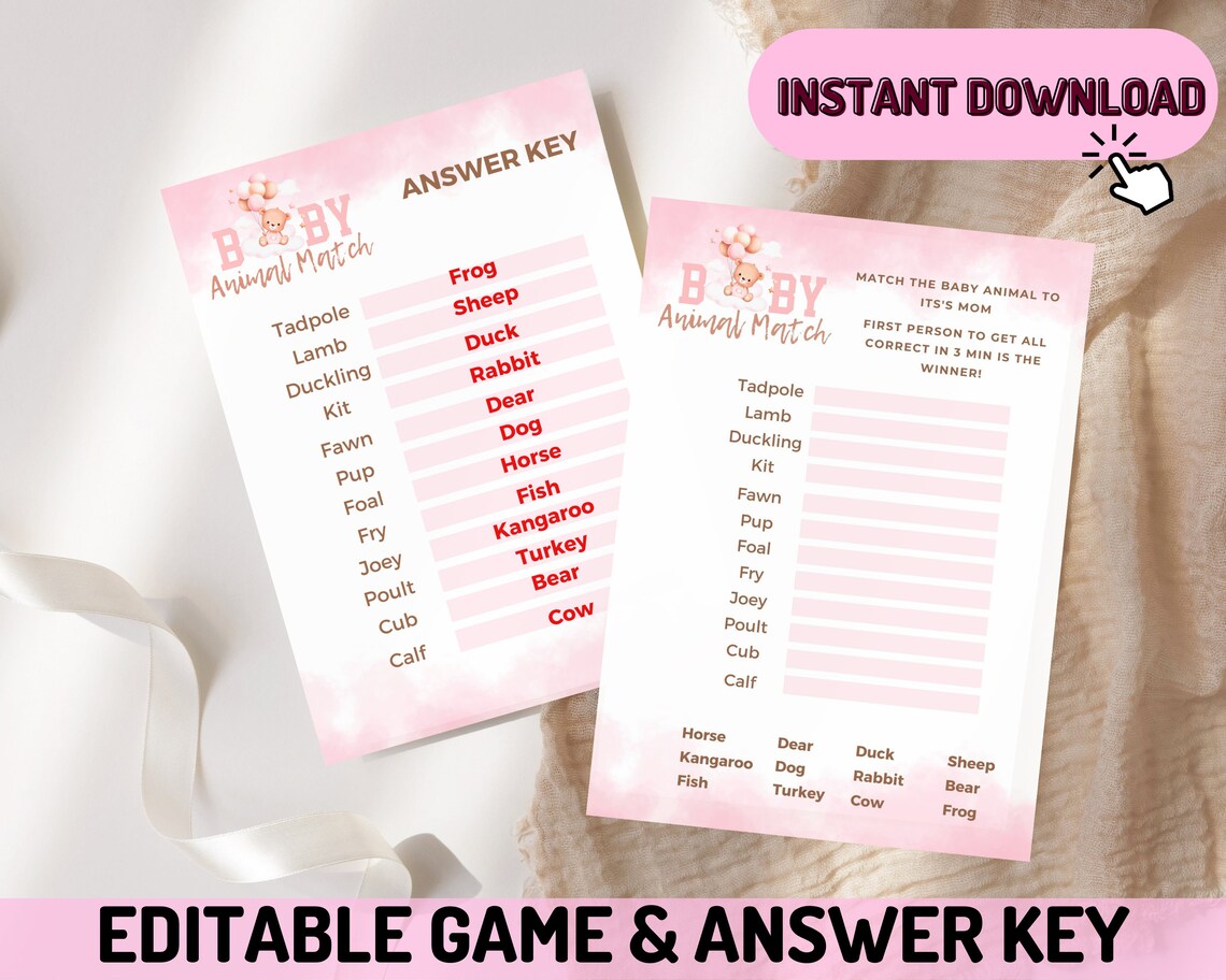 Animal Match - Baby Shower Game + Answer Key Templates - Editable | We ...