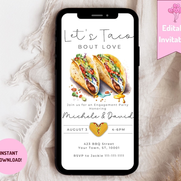 Invitations modifiables Let's Taco Bout Love, Invitation de douche de fiançailles, Invitation de fiançailles mobiles, Invitation de dîner de couples, Fiesta Evite