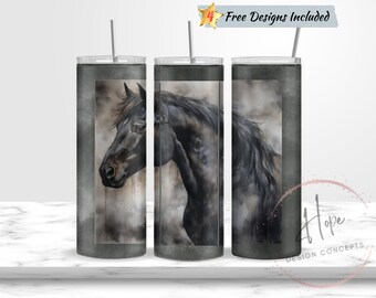 Modelo de design de sublimação de copo magro de aquarela de garanhão preto de 20 onças, download digital de copo de cavalo PNG, Western PNG, cavalo PNG