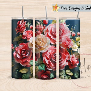 3D Vibrant Pink Roses 20 oz Skinny Tumbler Sublimation Design, PNG Instant DIGITAL Download, Floral Tumbler, Roses Tumbler Wrap