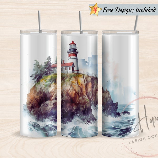 Lighthouse Watercolor 20 oz Skinny Tumbler Sublimation Design Template, Tumbler PNG Instant Digital Download, Lighthouse Tumbler