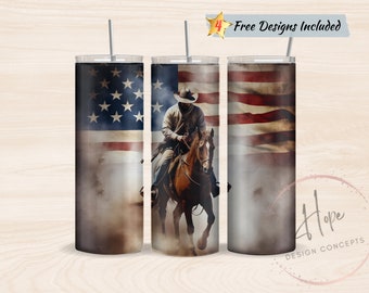 Cowboy Riding Horse American Flag BG 20 oz Skinny Tumbler Sublimation Design Template, Tumbler PNG Digital Download, Western Tumbler