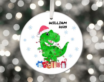 Personalized Boys Christmas Ornament - Dinosaur Christmas Ornament - Boys Ornament, 3" Round Ceramic Ornament, Customizable Kid Ornament