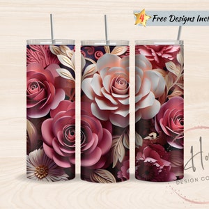 3D Pink Roses 20 oz Skinny Tumbler Sublimation Design, PNG Instant DIGITAL Download, Floral Tumbler, Roses Tumbler Wrap