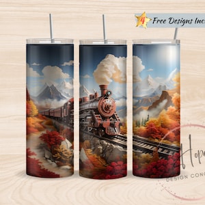 3D Steam Locomotive Beautiful Mountain Landscape 20 oz Skinny Tumbler Sublimation Design, PNG Instant DIGITAL Download, Train Tumbler