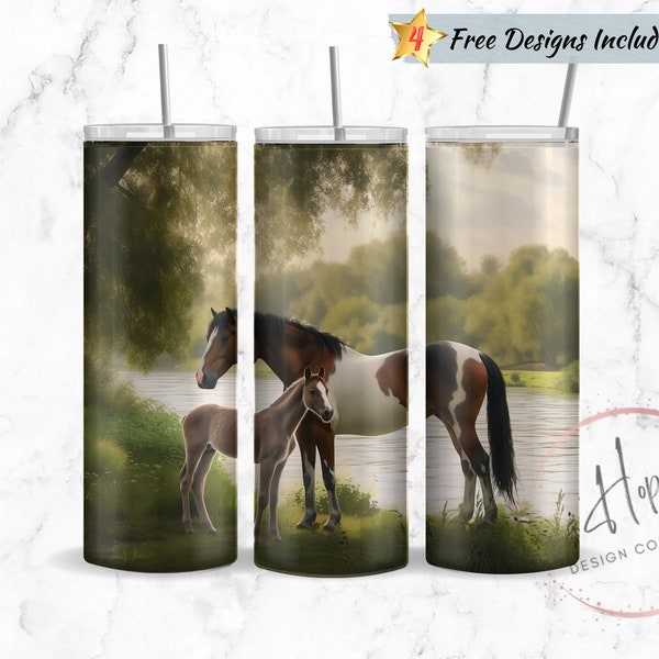 Mare and Foal By River 20oz Skinny Tumbler Horse Sublimation Design, PNG Instant Digital Download, Horse Tumbler, Western Tumbler Wrap