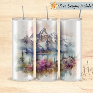 Mountain Range Watercolor 20 oz Skinny Tumbler Sublimation Design Template, Tumbler PNG Instant Digital Download, Mountains and Lake Tumbler